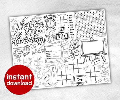 Back to school Placemat, First Day Of School, Classroom Activity, Coloring Placemats, Teacher Resources, Homeschool Activity, Learning sheet-Holidays -TheHustlingCatLady-Party Games