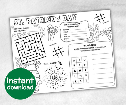 St.patricks day Placemat, Activity Placemat, Puzzles Placemat, st patrick kid craft, st patricks games, leprechaun activity, Coloring Page-Holidays -TheHustlingCatLady-Party Games