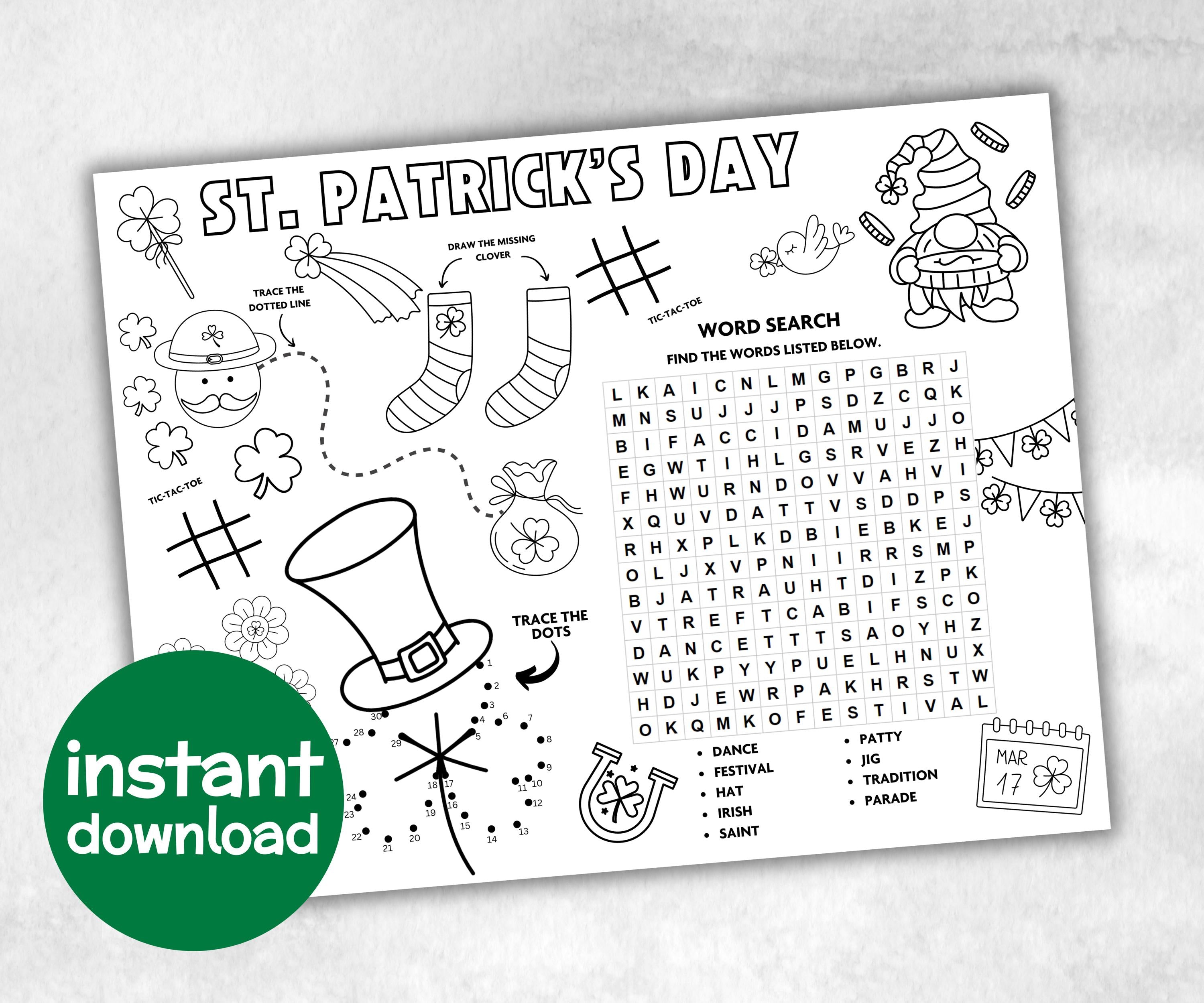 St.patricks day Placemat, Activity Placemat, Puzzles Placemat, st patrick kid craft, st patricks games, leprechaun activity, Coloring Page-Holidays -TheHustlingCatLady-Party Games