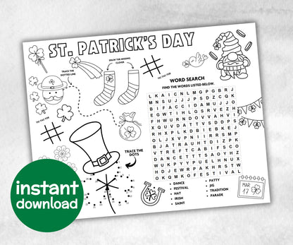 St.patricks day Placemat, Activity Placemat, Puzzles Placemat, st patrick kid craft, st patricks games, leprechaun activity, Coloring Page-Holidays -TheHustlingCatLady-Party Games