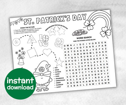 St.patricks day Placemat, Activity Placemat, Puzzles Placemat, st patrick kid craft, st patricks games, leprechaun activity, Coloring Page-Holidays -TheHustlingCatLady-Party Games