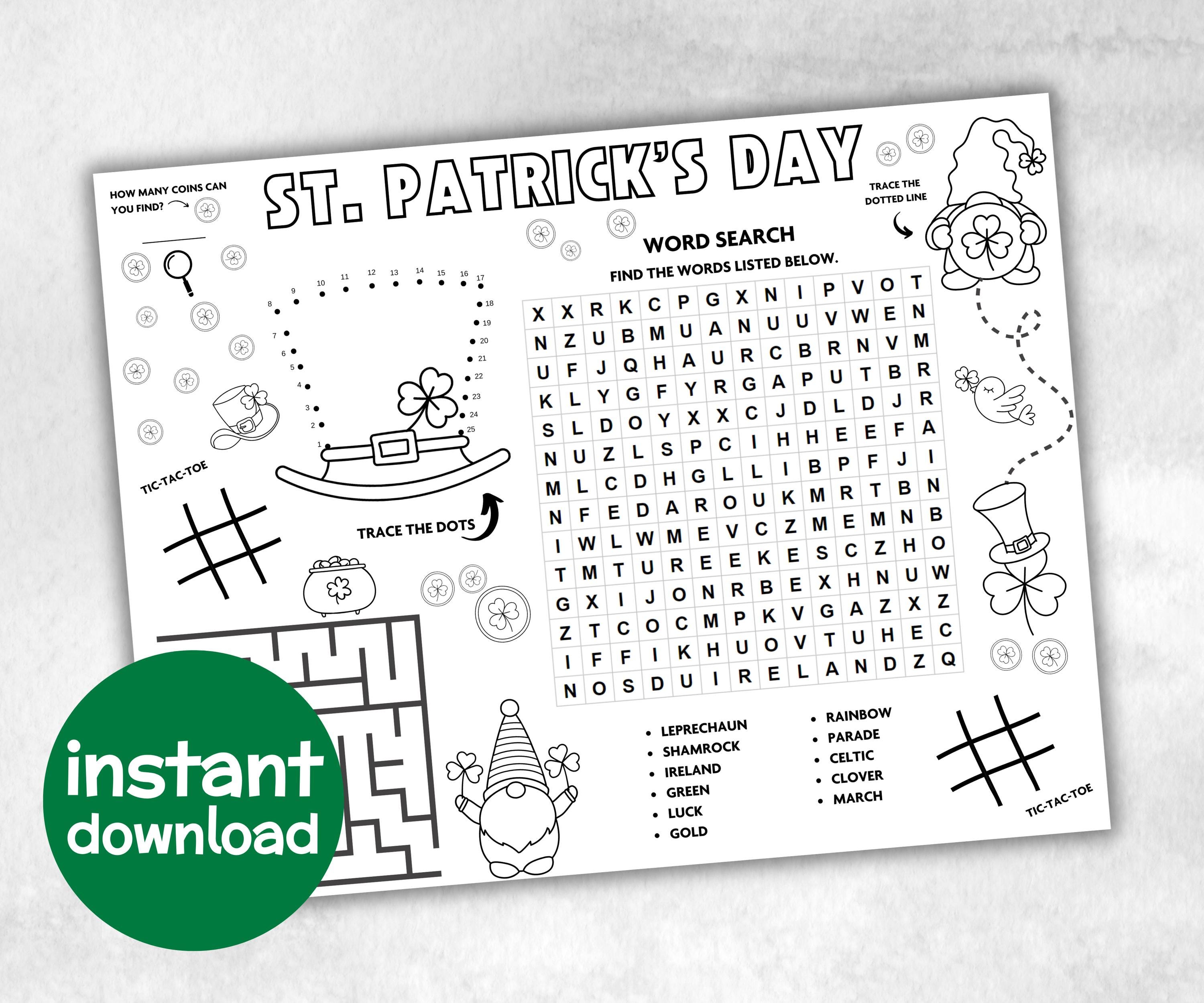 St.patricks day Placemat, Activity Placemat, Puzzles Placemat, st patrick kid craft, st patricks games, leprechaun activity, Coloring Page-Holidays -TheHustlingCatLady-Party Games