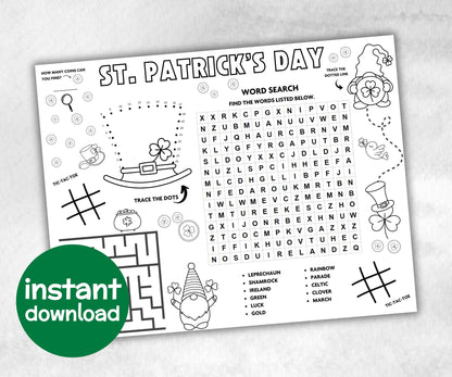 St.patricks day Placemat, Activity Placemat, Puzzles Placemat, st patrick kid craft, st patricks games, leprechaun activity, Coloring Page-Holidays -TheHustlingCatLady-Party Games