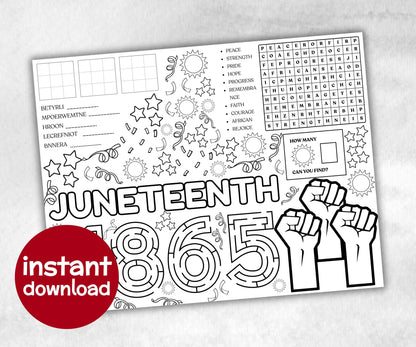 Juneteenth printable Placemat, Black History, african american, Dinner games, Juneteenth School, Juneteenth Activity, coloring page activity-Holidays -TheHustlingCatLady-Party Games