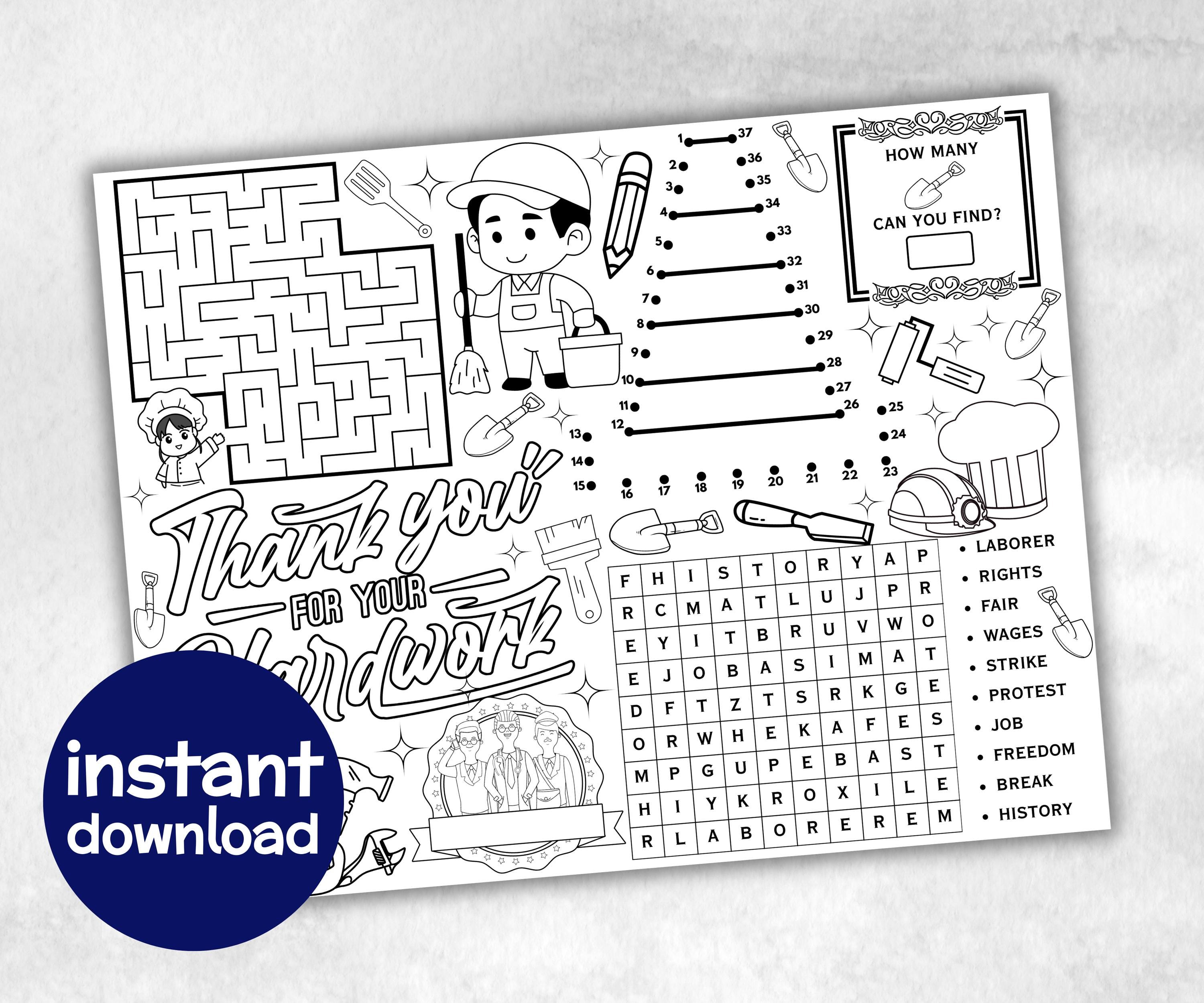 Labor Day printable Placemat, Labor Day Activity, coloring page, America Game, Patriotic Party Game, Memorial Day, Games For Kids, puzzles-Holidays -TheHustlingCatLady-Party Games