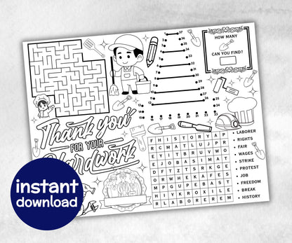 Labor Day printable Placemat, Labor Day Activity, coloring page, America Game, Patriotic Party Game, Memorial Day, Games For Kids, puzzles-Holidays -TheHustlingCatLady-Party Games