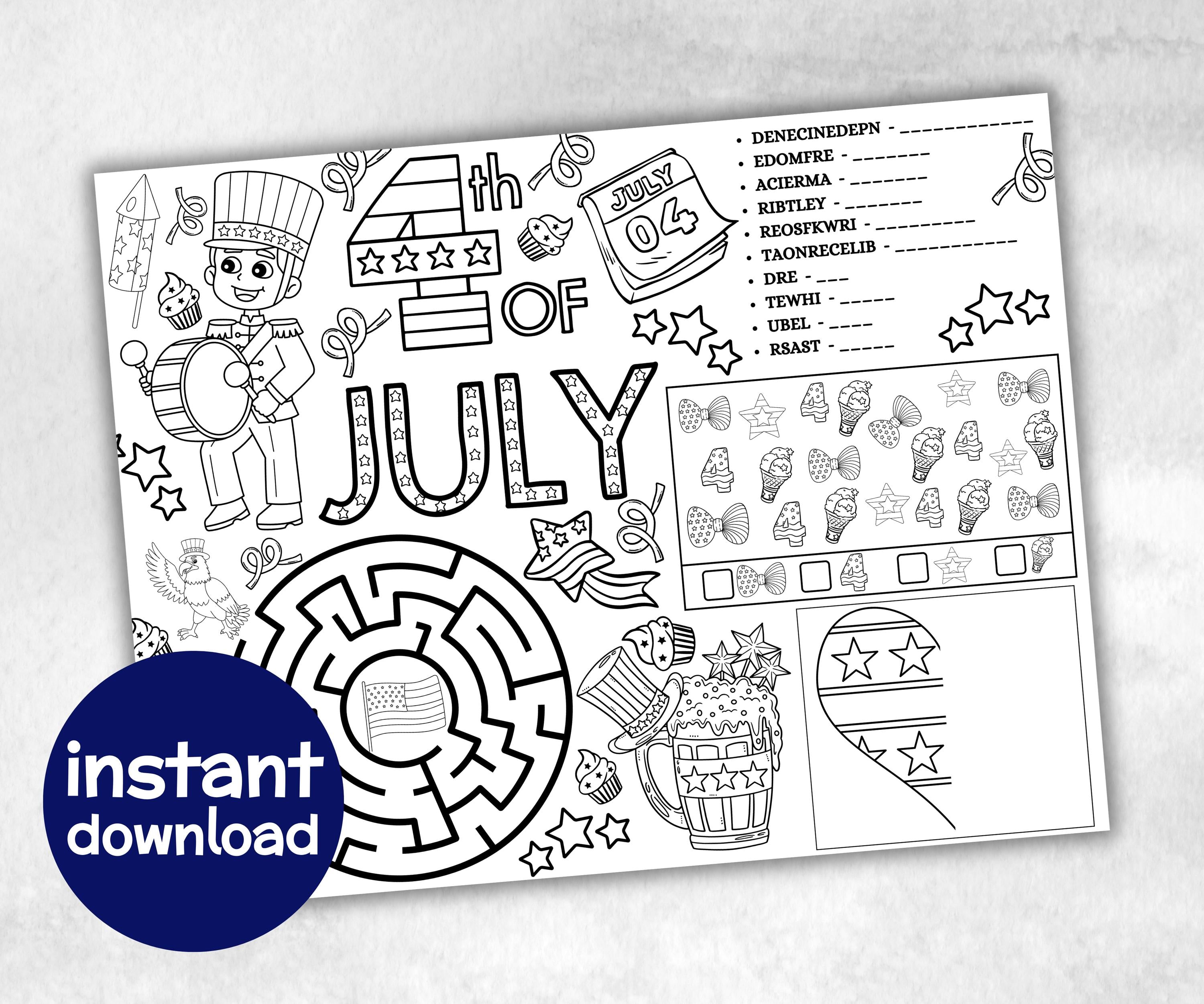 Fourth of July Placemat, Activity Placemat, Puzzles coloring page, independence day, 4th of july, Barbeque BBQ game, patriotic bundle, quiz-Holidays -TheHustlingCatLady-Party Games