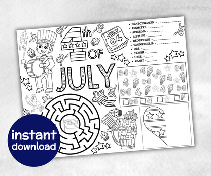 Fourth of July Placemat, Activity Placemat, Puzzles coloring page, independence day, 4th of july, Barbeque BBQ game, patriotic bundle, quiz-Holidays -TheHustlingCatLady-Party Games