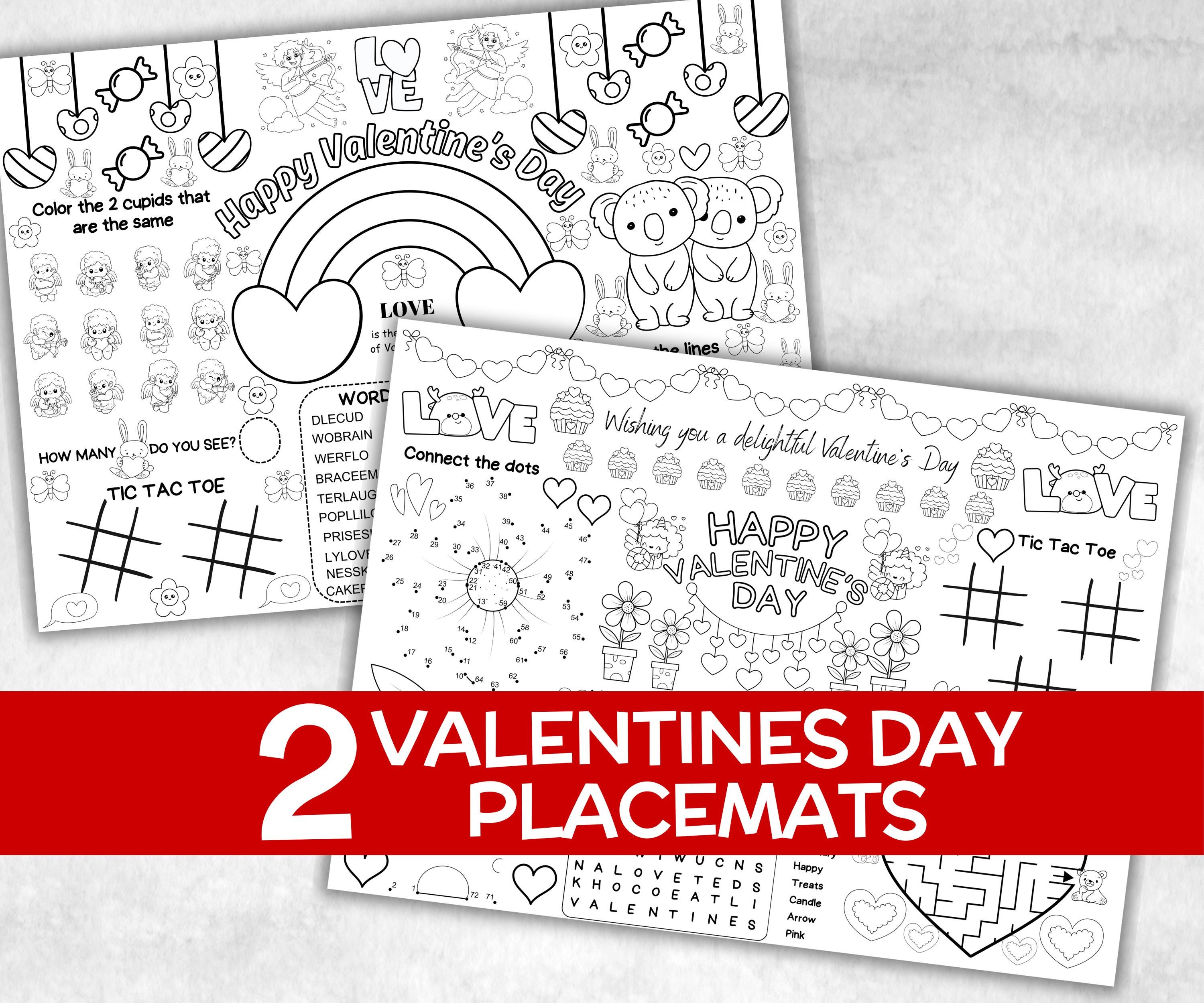 Valentines day Placemat, Activity Placemat, Puzzles coloring page, Valentines Activity, Valentine'S Day Party Gift, Printable Placemat game-Holidays -TheHustlingCatLady-Party Games