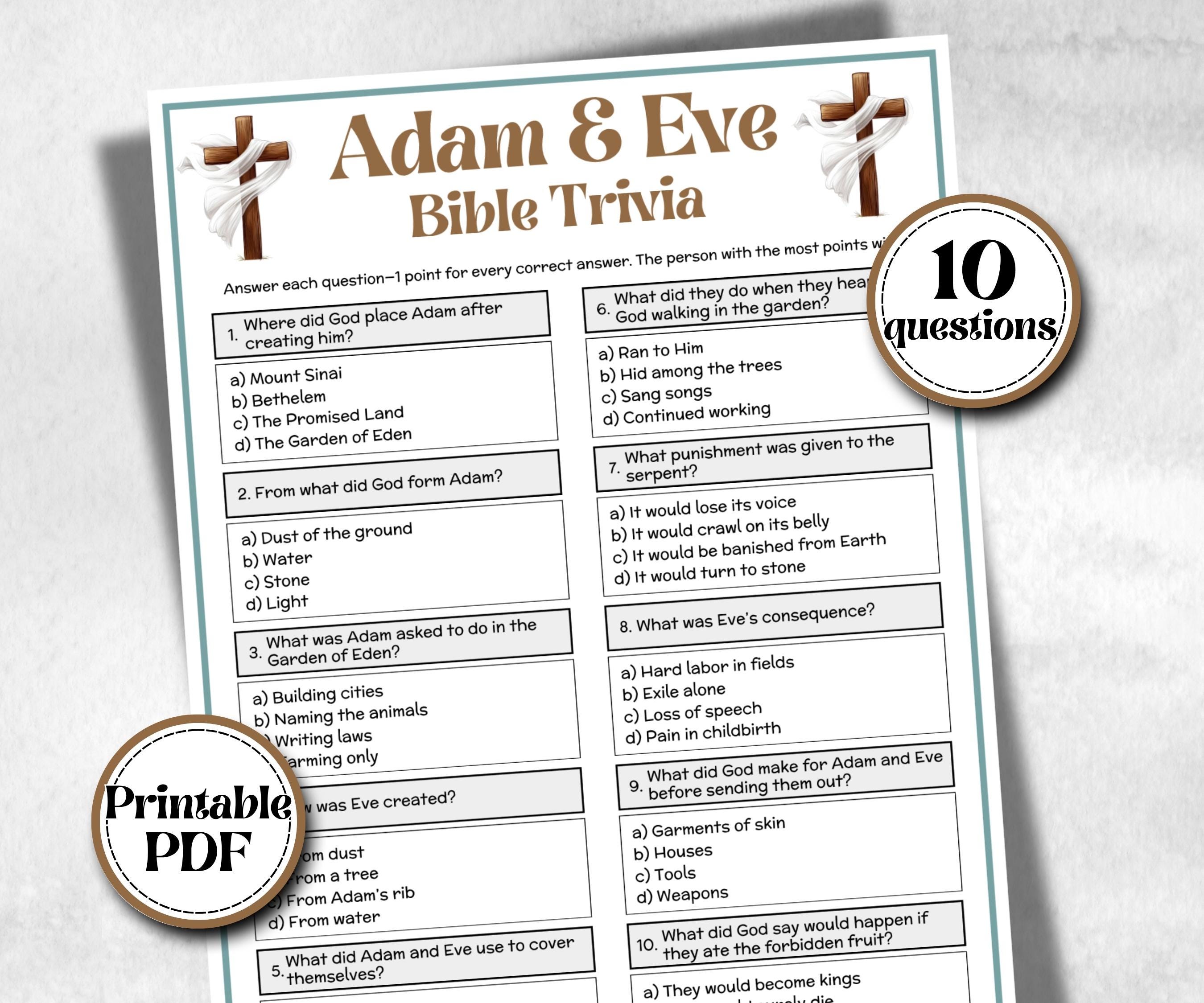Adam and Eve Trivia, Bible Camp, Bible Study riddles, Holiday Party Games, womens retreat group party, Old Testament Trivia, Youth Group