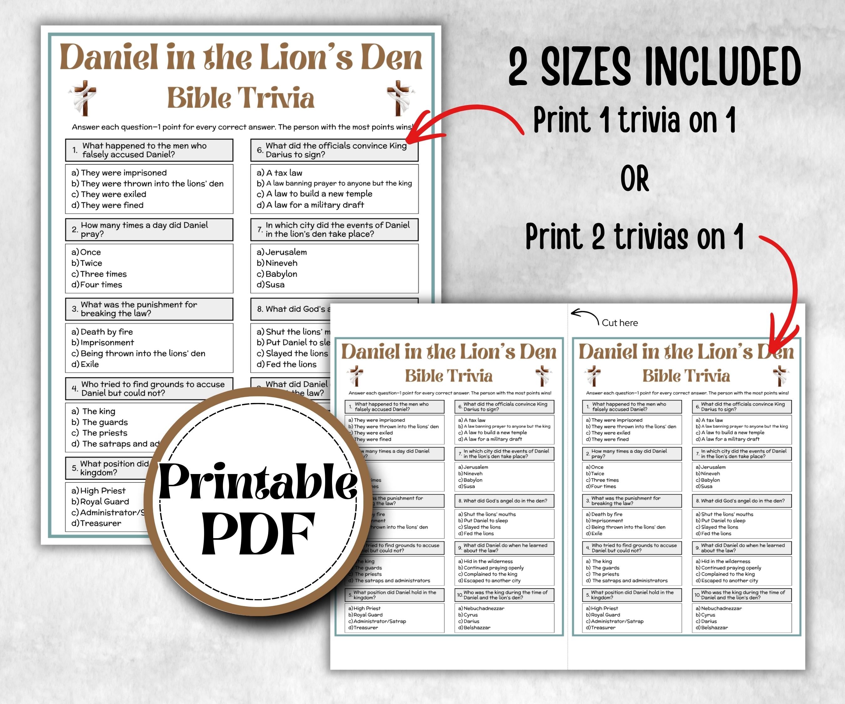 Daniel in the Lion's Den Trivia, Bible Camp, Bible Study riddles, Holiday Party, womens retreat group party, Old Testament Trivia, Youth