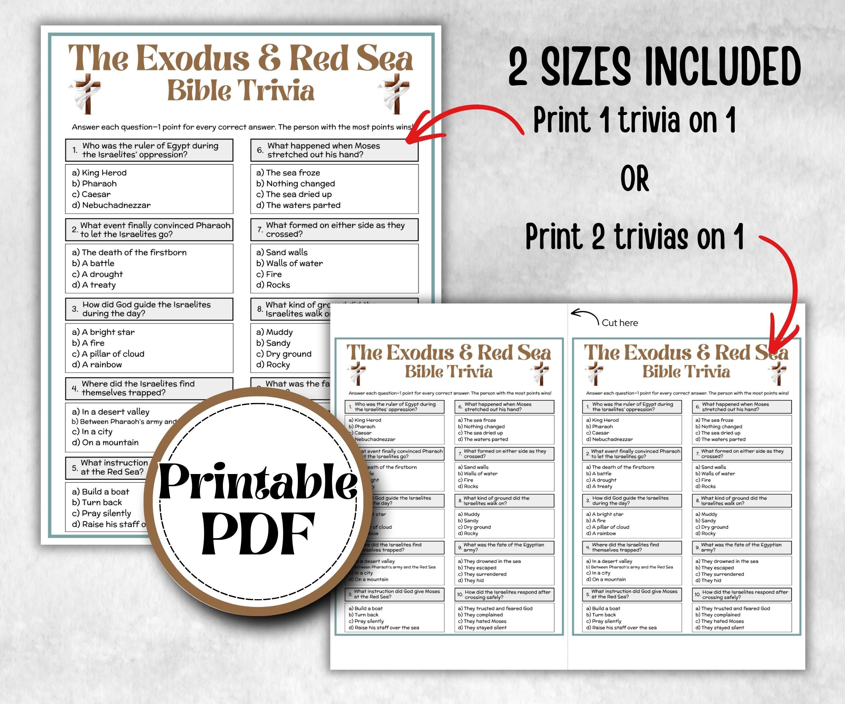 Exodus and Red Sea Trivia, Holiday Party, Old Testament Trivia, Church Lesson, Bible Study riddle, Bible Camp, womens retreat group, Youth