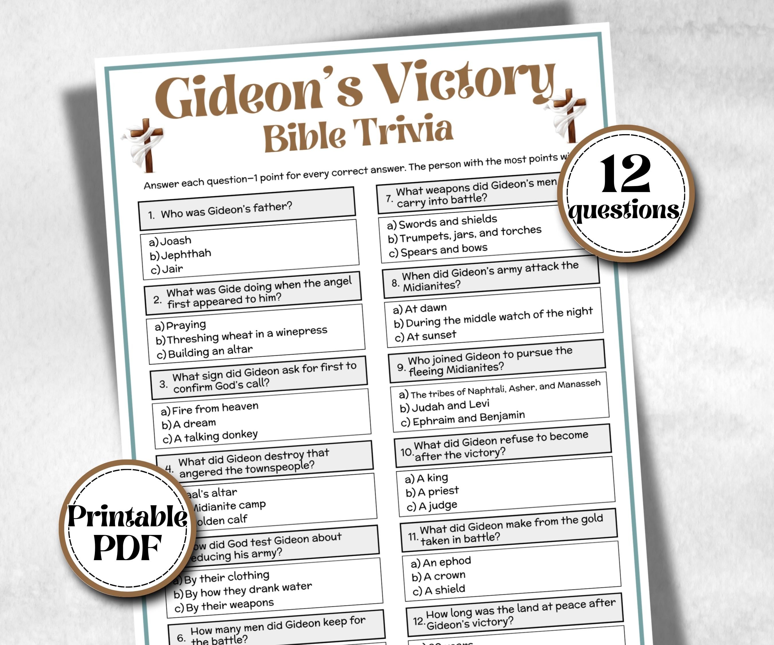Gideon's Vivtory Trivia, Holiday Party, Old Testament Trivia, Church Lesson, Bible Study riddle, Bible Camp, womens retreat group