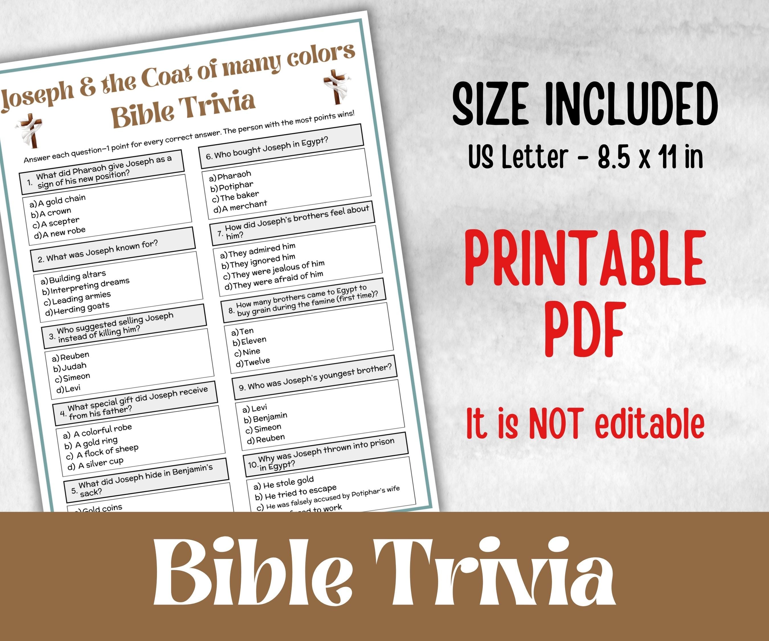 Joseph and the Coat of many colors Trivia, Holiday Party, Old Testament Trivia, Church Lesson, Bible Study riddle, Bible Camp, womens retreat group, youth