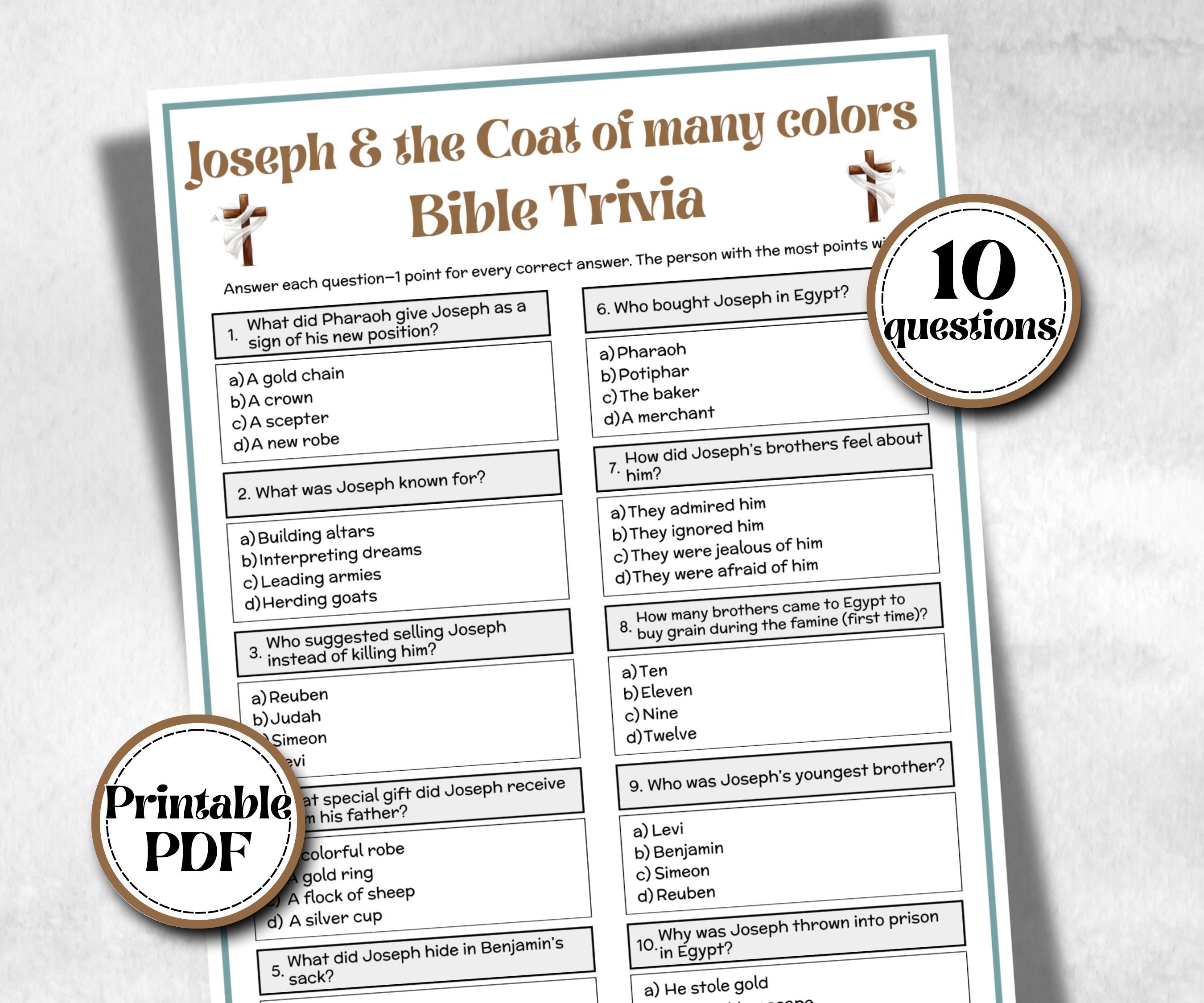 Joseph and the Coat of many colors Trivia, Holiday Party, Old Testament Trivia, Church Lesson, Bible Study riddle, Bible Camp, womens retreat group, youth