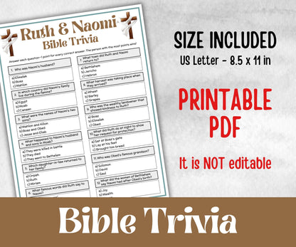 Ruth and Naomi Trivia, Bible Study riddles, Old Testament Trivia, Church Lesson, Holiday Party Games, Bible Camp, womens retreat, Youth luncheon