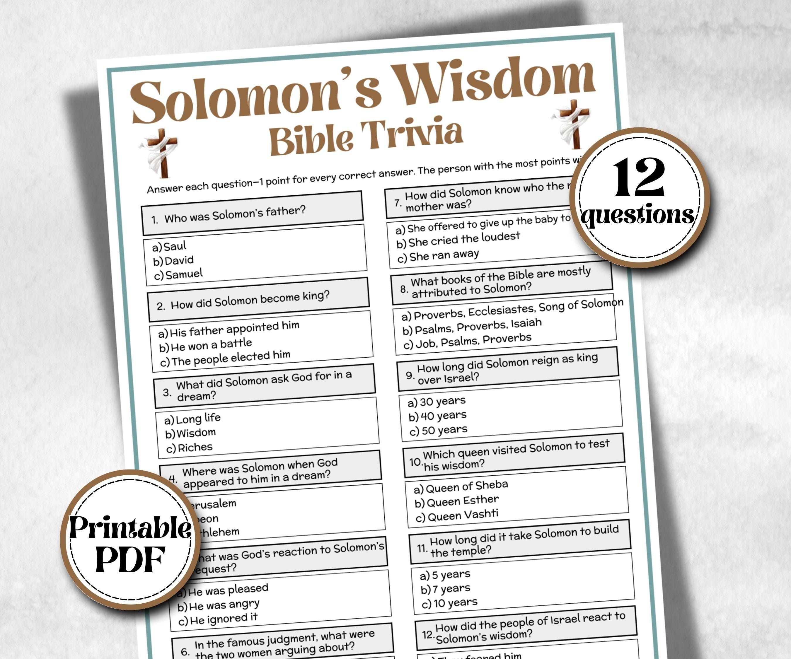 Solomon's Wisdom Trivia, Bible Study riddles, Old Testament Trivia, Church Lesson, Holiday Party Games, Bible Camp, womens retreat, luncheon