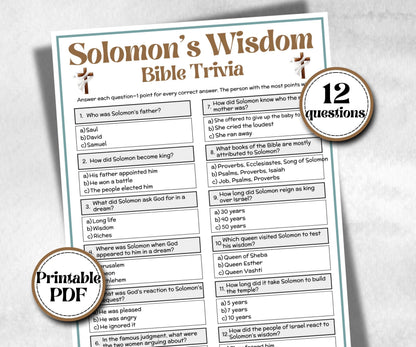 Solomon's Wisdom Trivia, Bible Study riddles, Old Testament Trivia, Church Lesson, Holiday Party Games, Bible Camp, womens retreat, luncheon