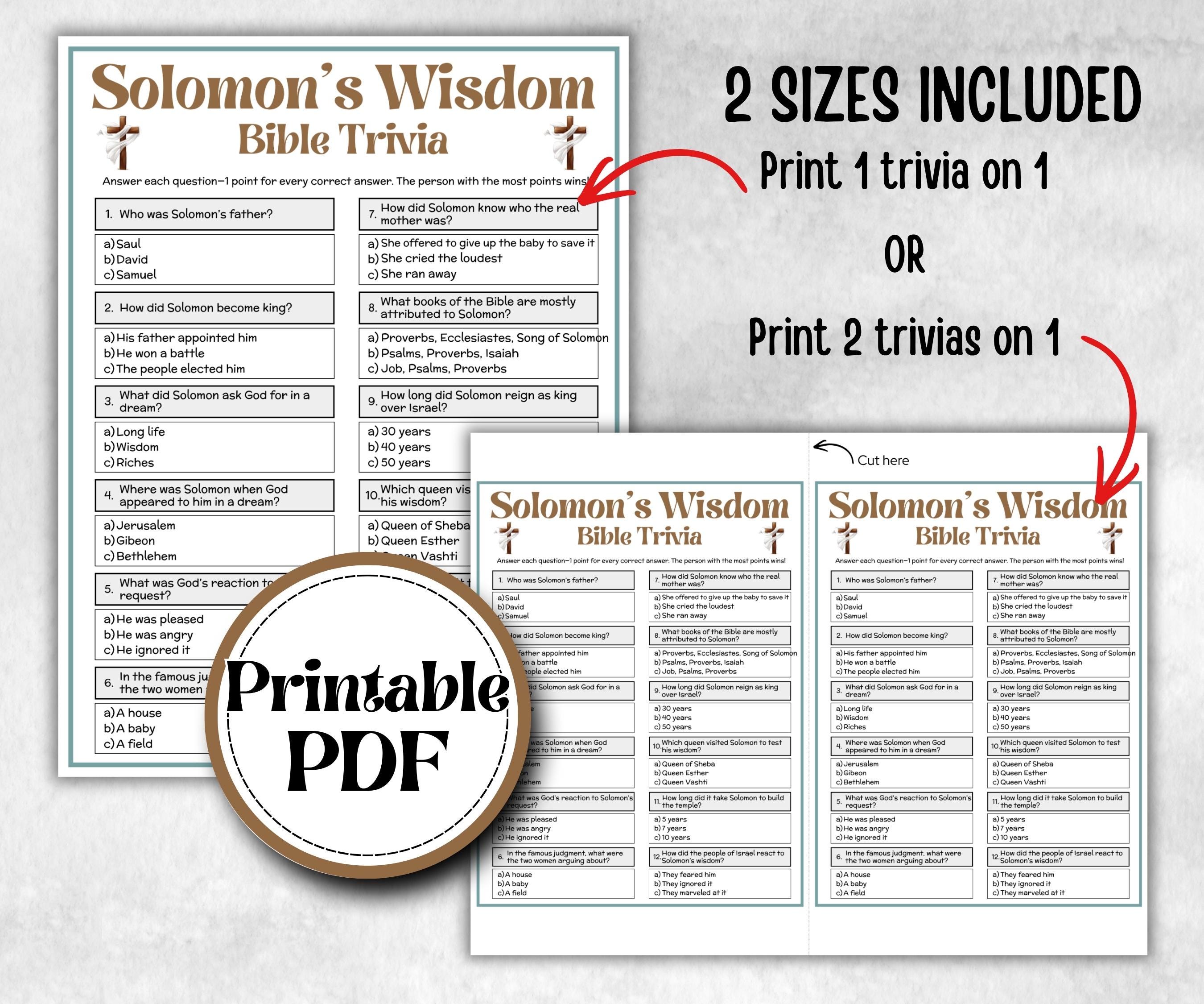 Solomon's Wisdom Trivia, Bible Study riddles, Old Testament Trivia, Church Lesson, Holiday Party Games, Bible Camp, womens retreat, luncheon