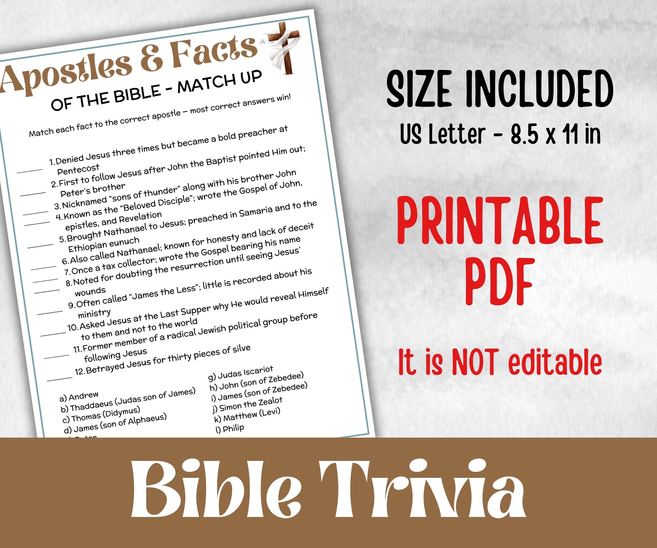 Apostles and Facts Trivia, Sunday School, Bible Study riddles, Holiday Party Games, Bible Camp, womens retreat group, preschool curriculum