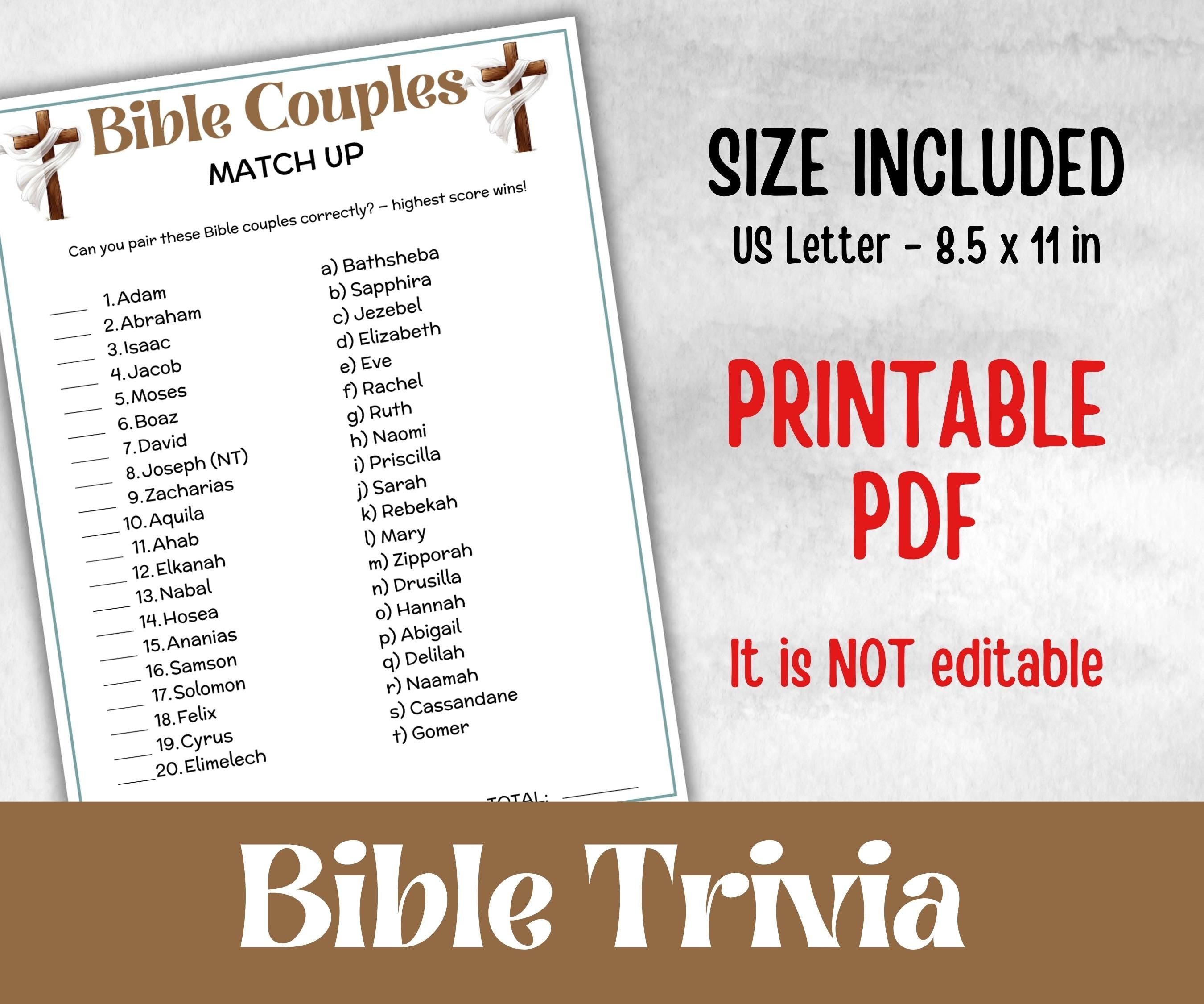 Bible Couples Trivia, Sunday School, Bible Study riddles, Holiday Party Games, Bible Camp, womens retreat group, preschool church curriculum
