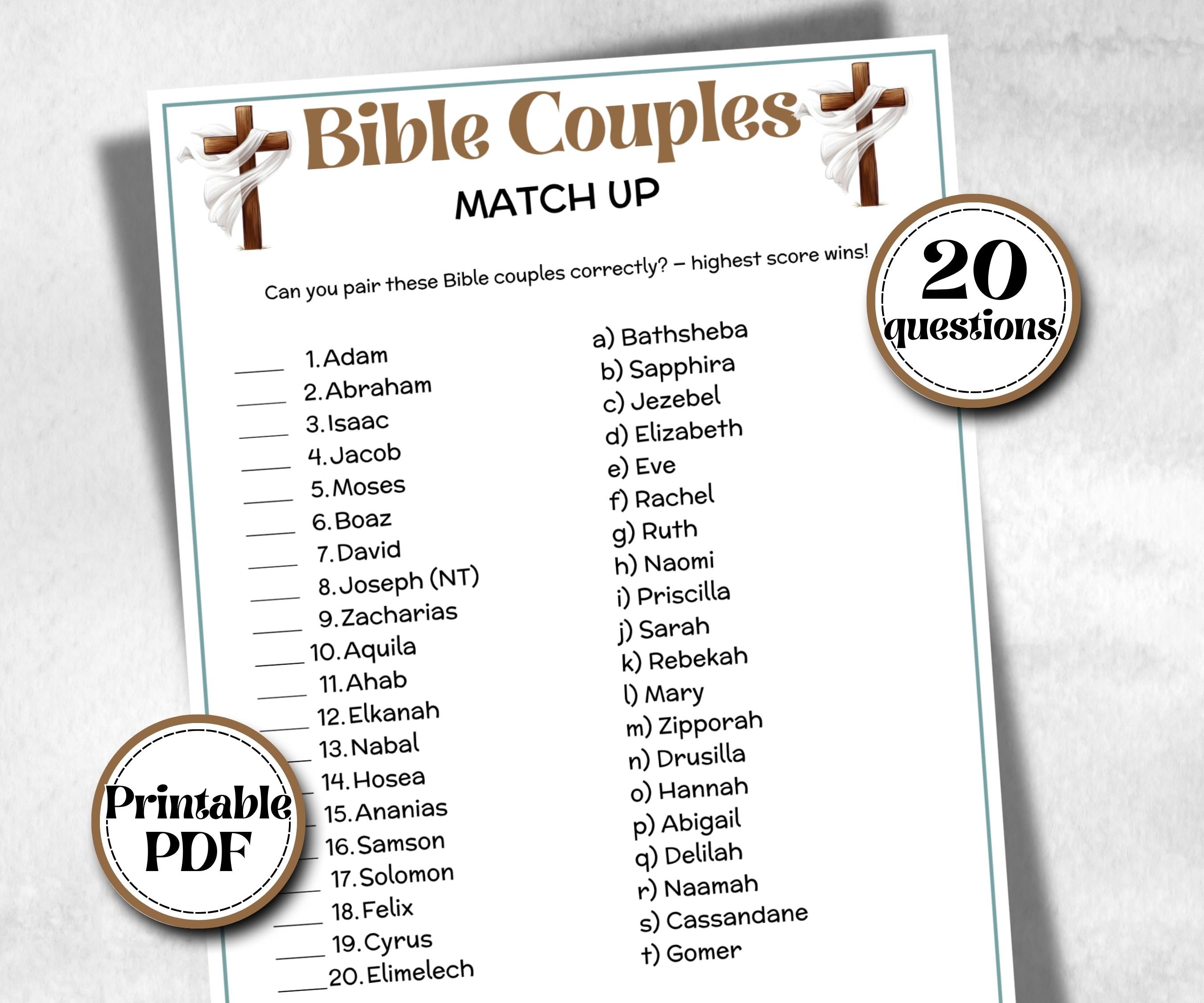 Bible Couples Trivia, Sunday School, Bible Study riddles, Holiday Party Games, Bible Camp, womens retreat group, preschool church curriculum