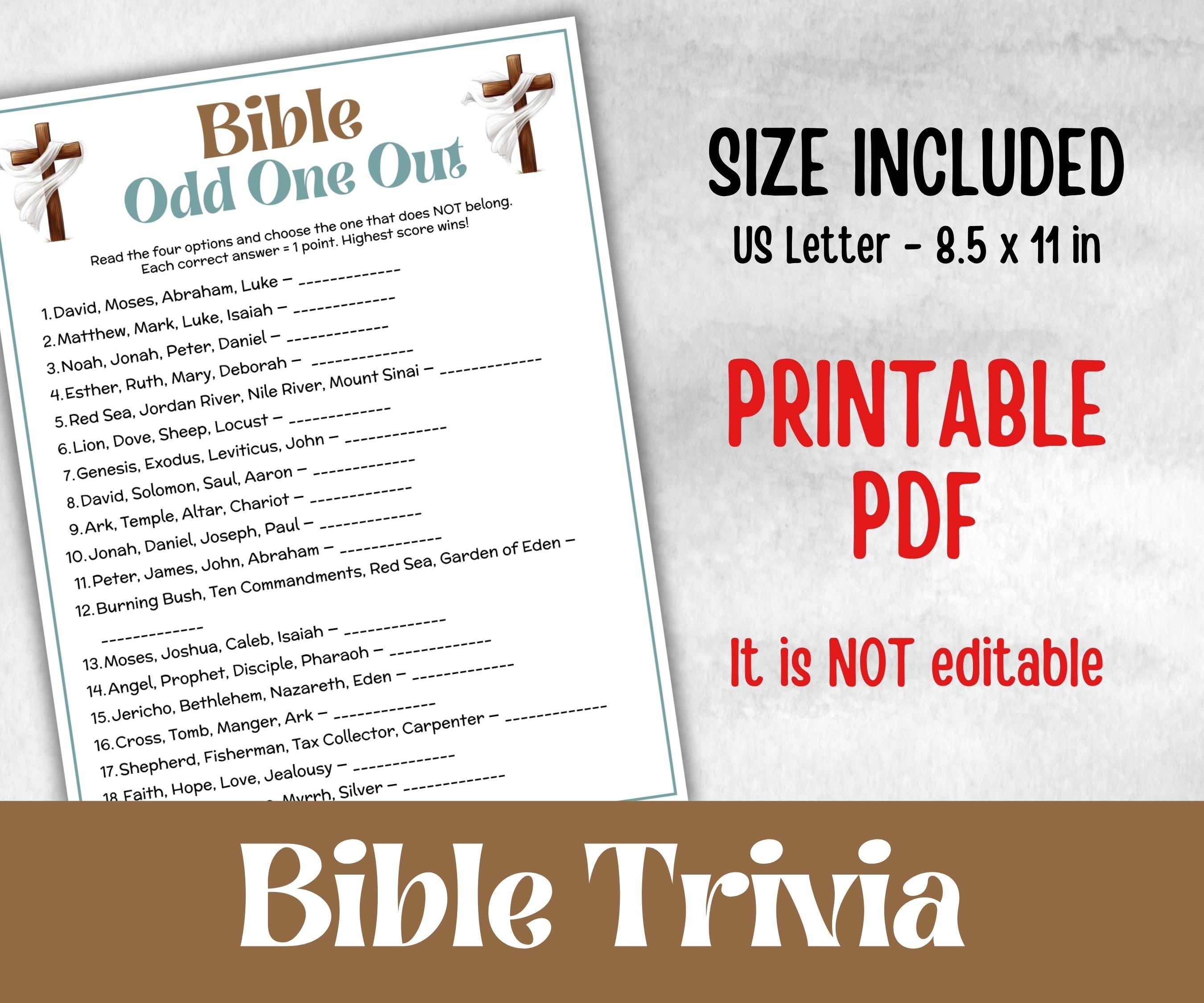 Bible Find the Odd One Out Trivia, Sunday School, Bible Study riddles, Holiday Party, Bible Camp, womens retreat group, Bible characters