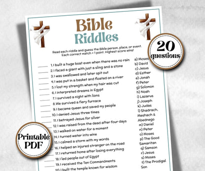 Bible Riddles Trivia, Sunday School, Bible Study riddles, Holiday Party, Bible Camp, womens retreat group, preschool curriculum