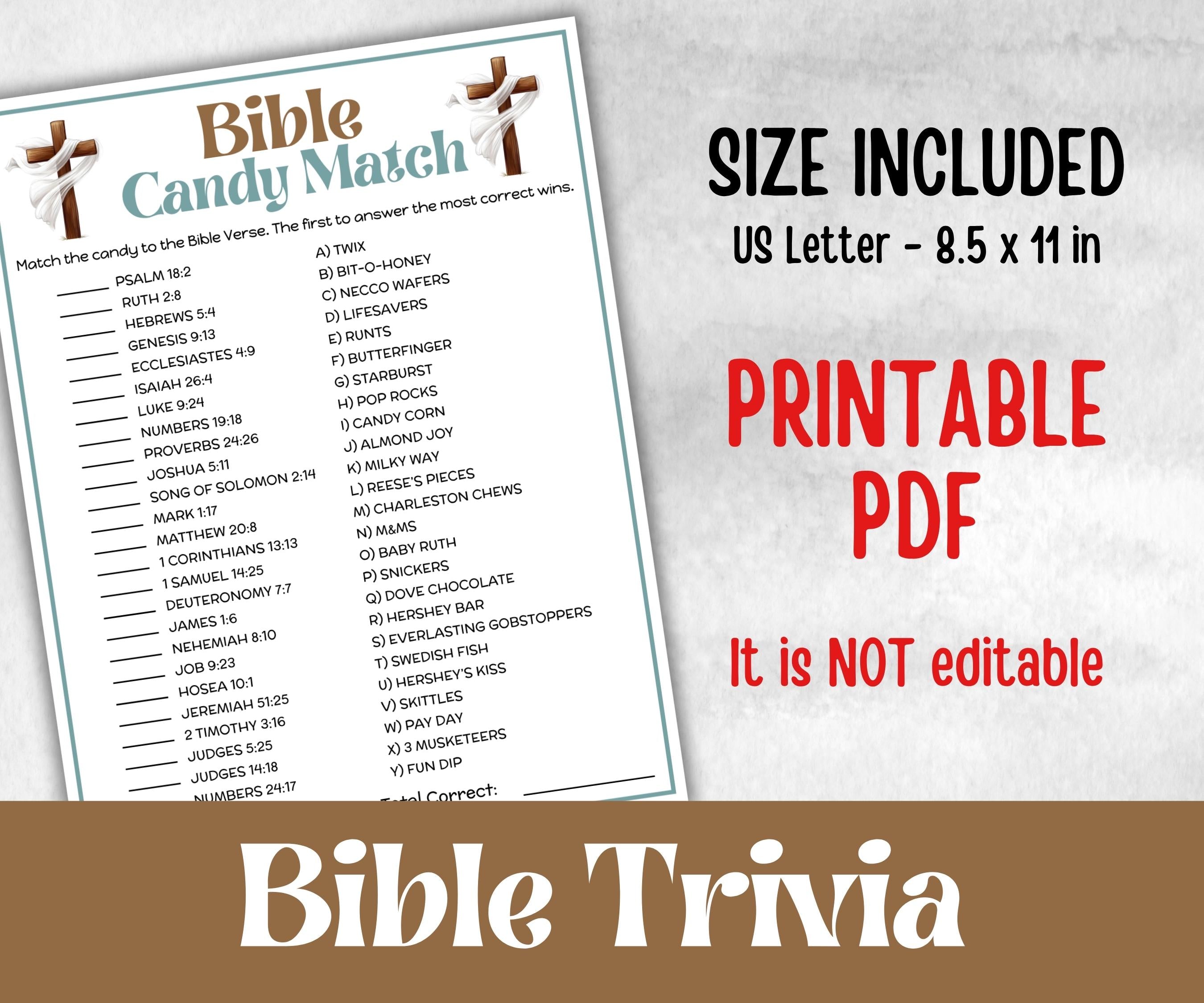 Bible Candy Match Trivia, Bible Study riddles, Holiday Bible Camp, womens retreat group, New Testament, Old Testament, Preschool Curriculum