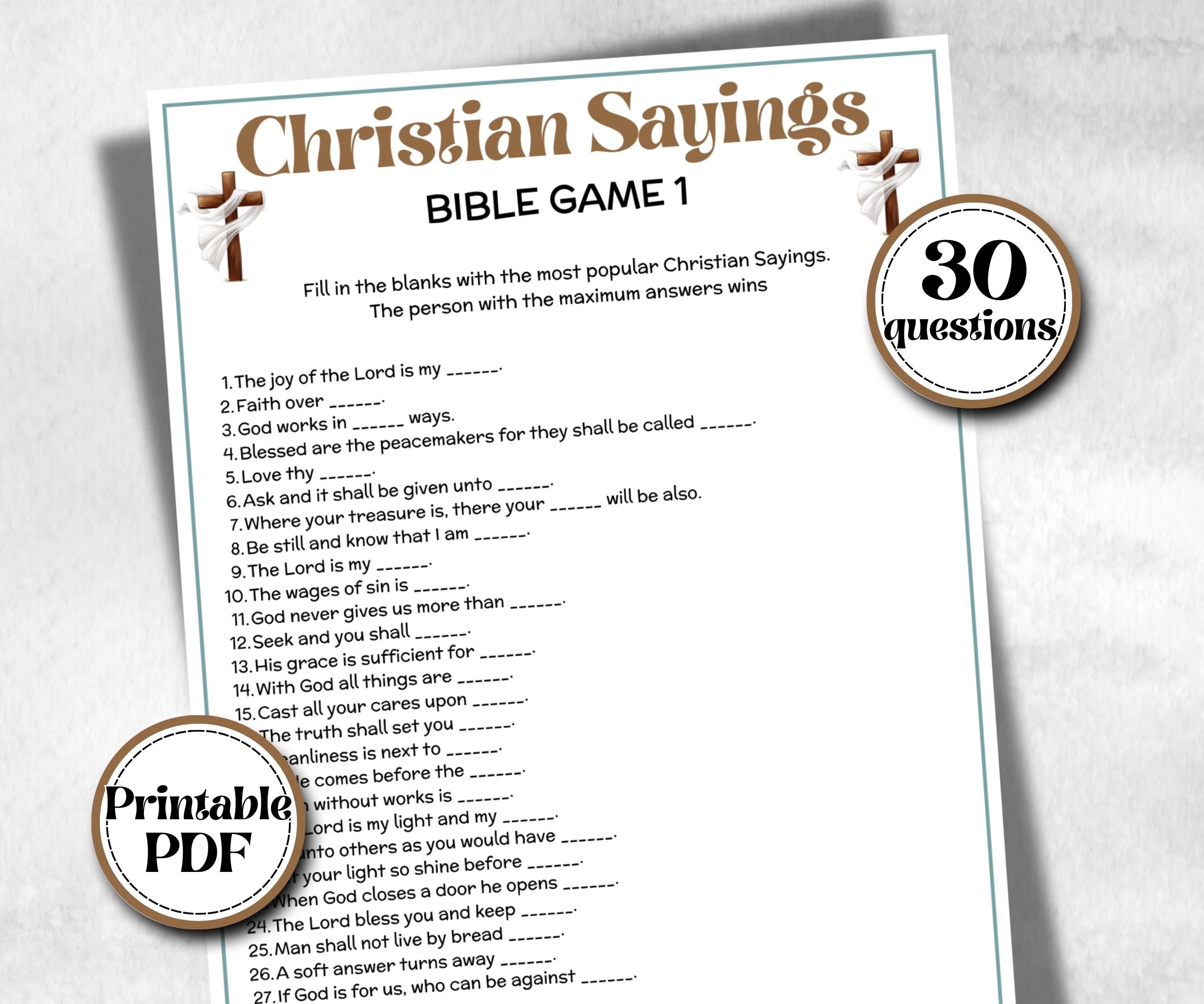 Christian Sayings Trivia, Bible Study riddles, Holiday Bible Camp, womens retreat group, New Testament, Old Testament, Preschool Curriculum