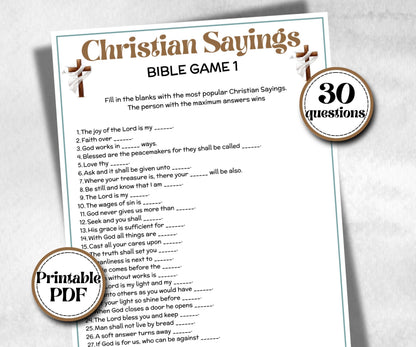 Christian Sayings Trivia, Bible Study riddles, Holiday Bible Camp, womens retreat group, New Testament, Old Testament, Preschool Curriculum