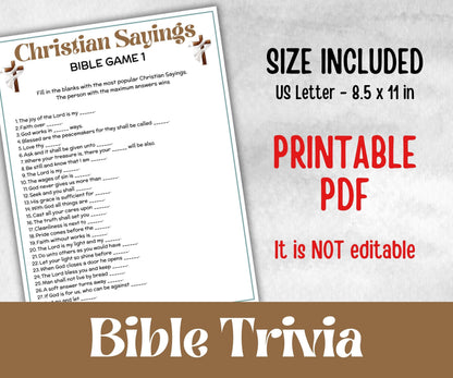 Christian Sayings Trivia, Bible Study riddles, Holiday Bible Camp, womens retreat group, New Testament, Old Testament, Preschool Curriculum