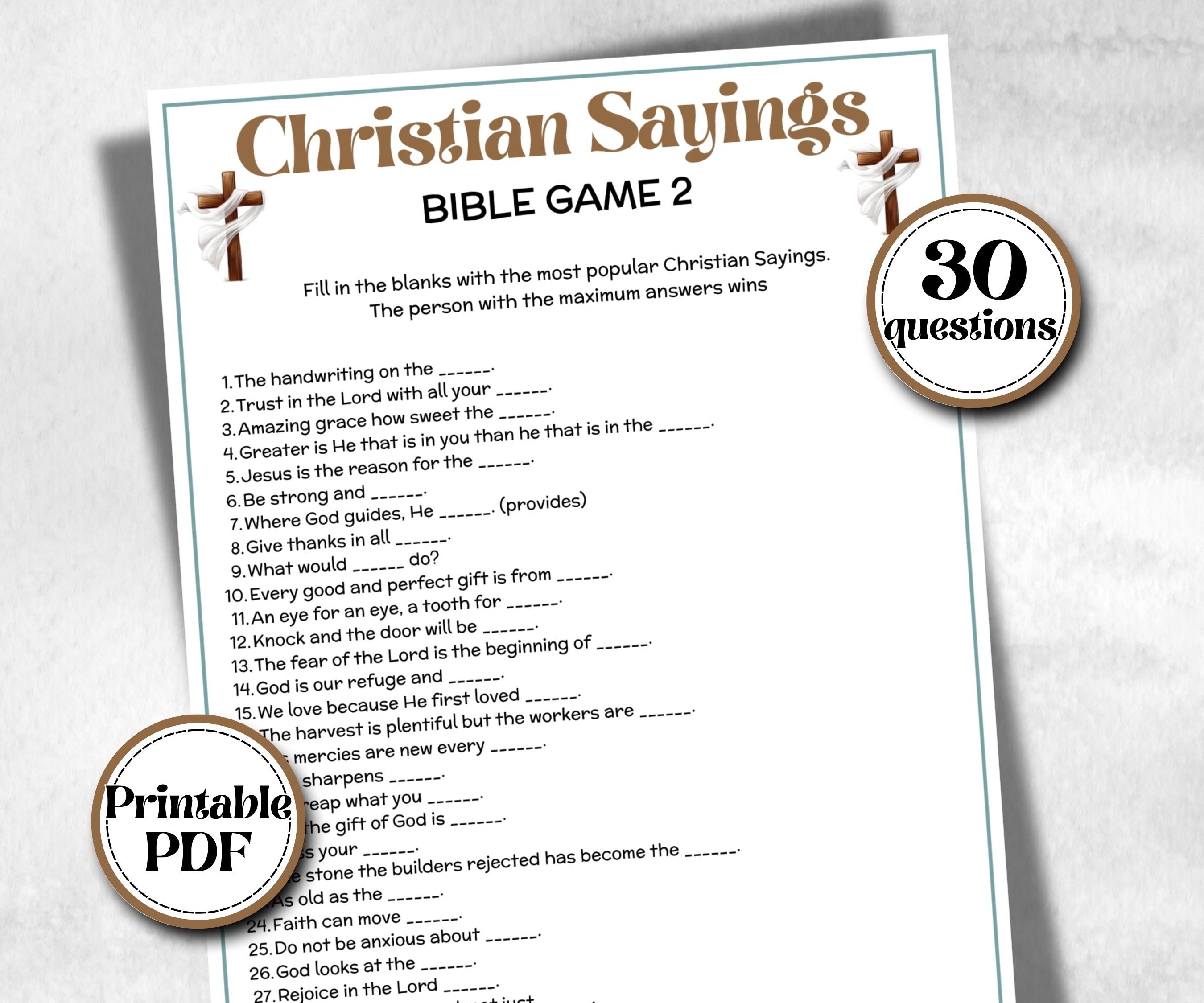 Christian Sayings, Bible Study riddles, Holiday Bible Camp, womens retreat group, New Testament, Old Testament, Preschool Curriculum quiz