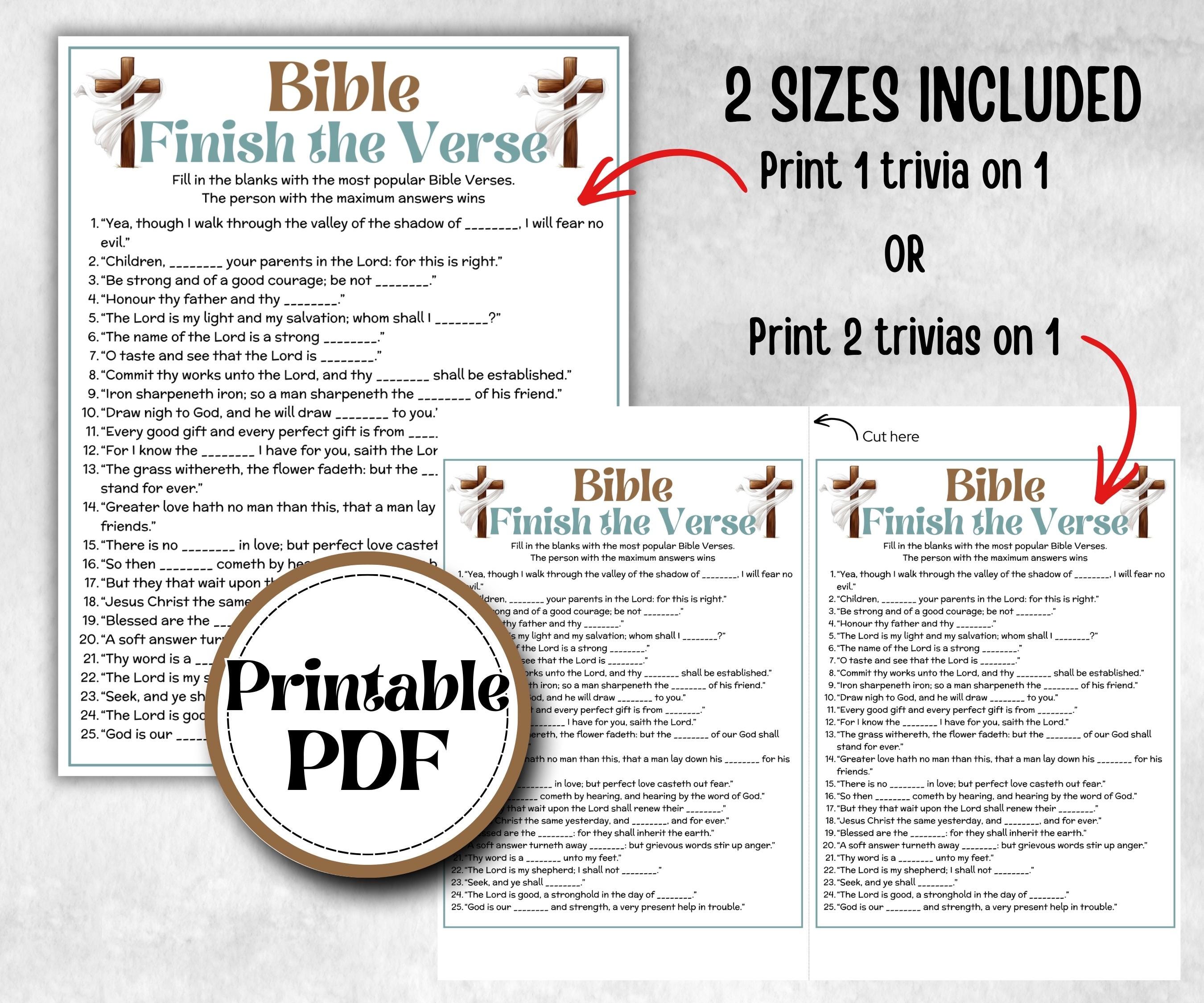 Bible Finish the Verse, Bible Study riddle, Holiday Bible Camp, womens retreat group, New Testament, Old Testament, Family Game Night party