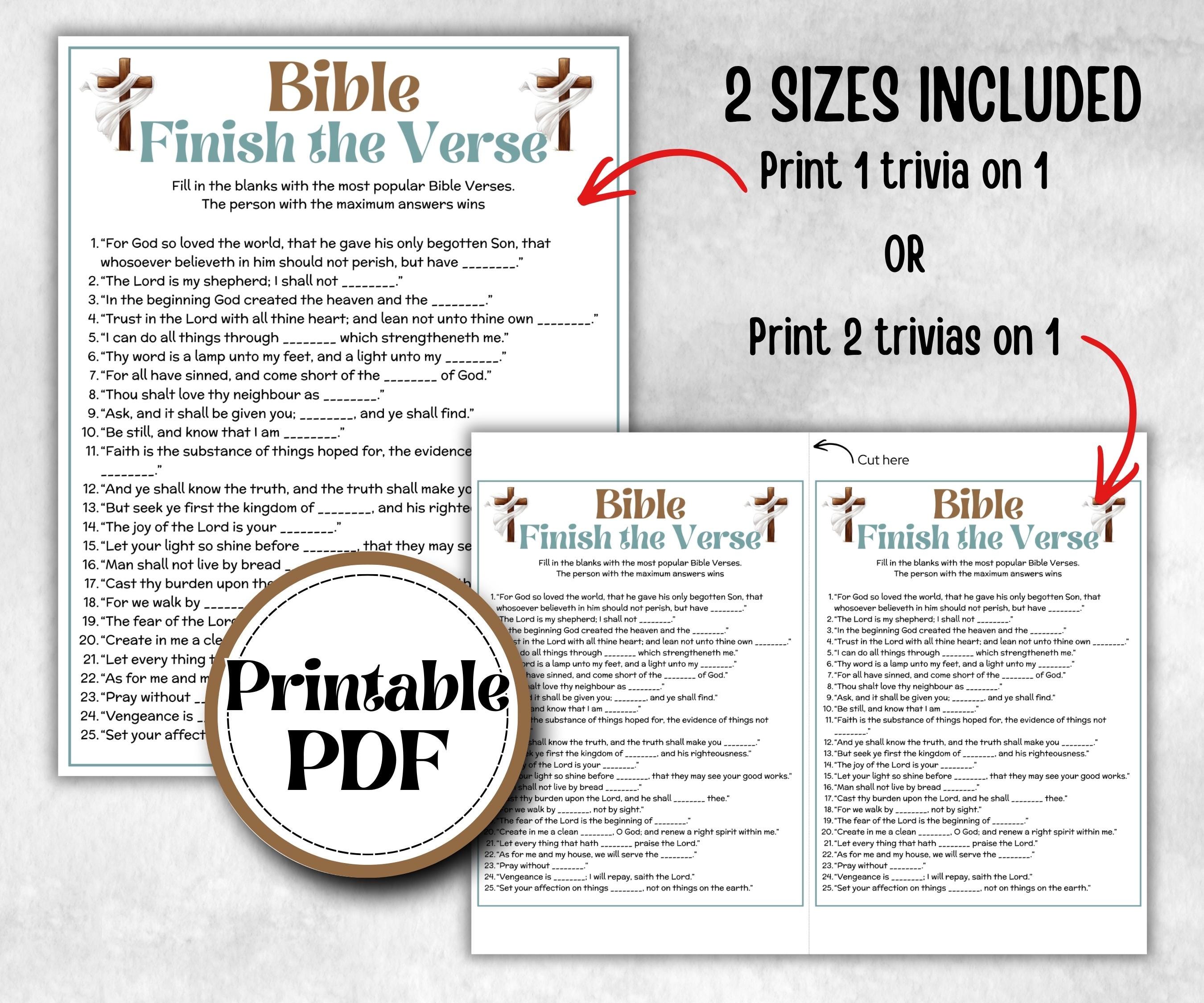 Finish the Verse Trivia, Bible Study riddle, Holiday Bible Camp, womens retreat group, New Testament, Old Testament, Family Game Night party