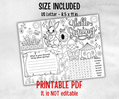 Spring coloring Placemats, Daycare Printable, kids activity sheets, spring sleepover party, spring Tea Party, Homeschool Easter Activity