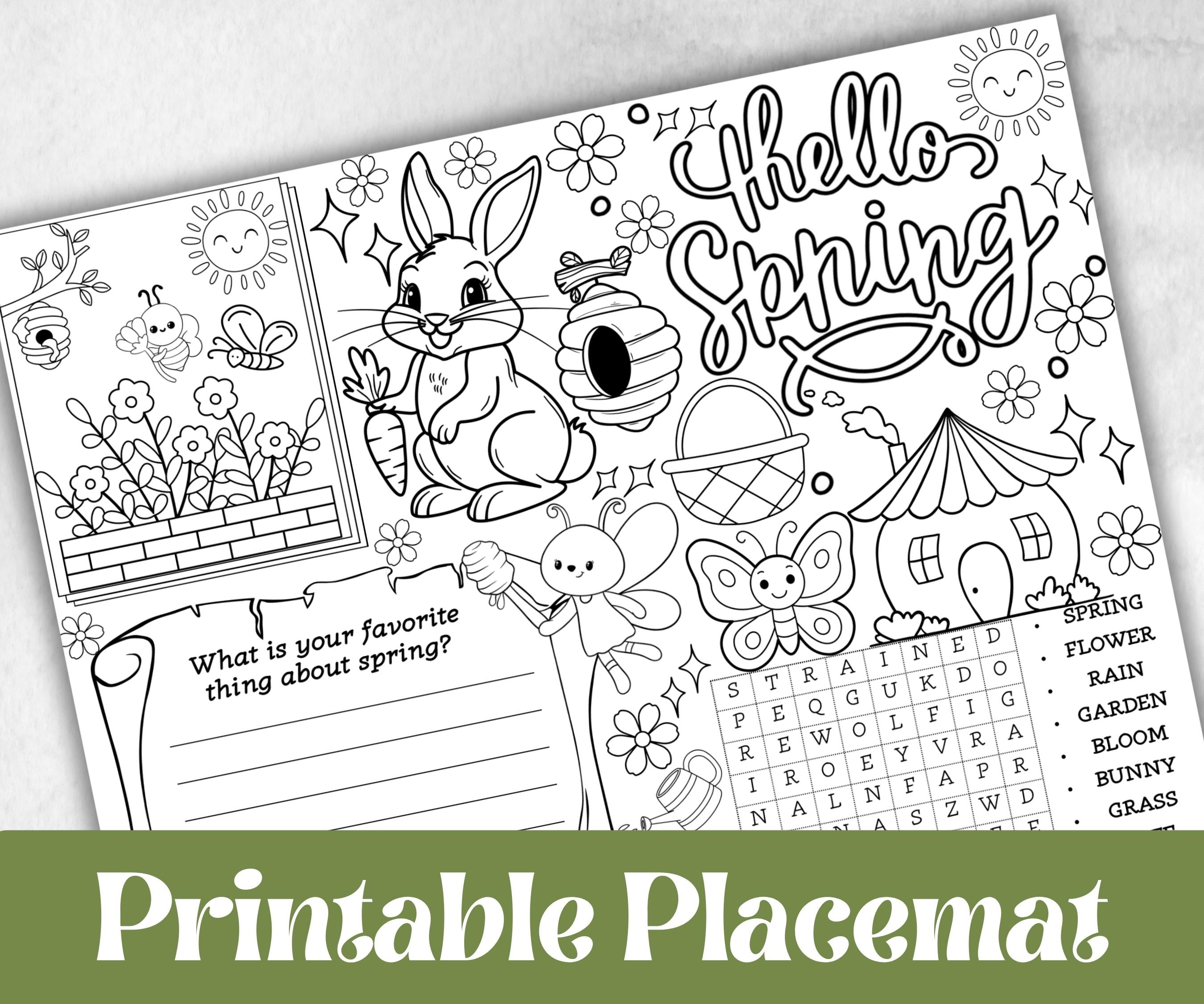 Spring coloring Placemats, Daycare Printable, kids activity sheets, spring sleepover party, spring Tea Party, Homeschool Easter Activity