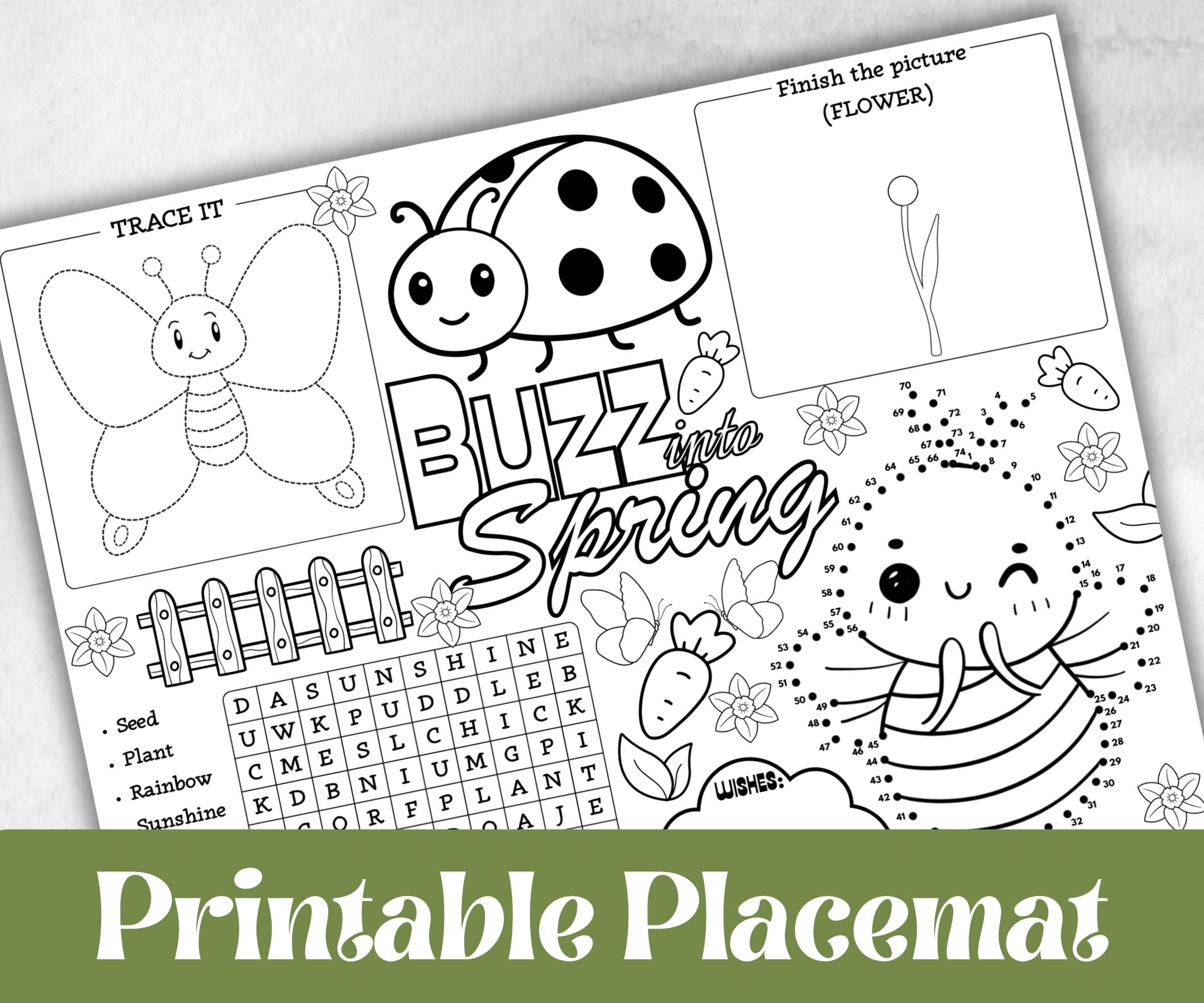 Spring coloring Placemats, Daycare Printable, kids activity sheets, spring sleepover party, spring Tea Party, Homeschool Easter Activity