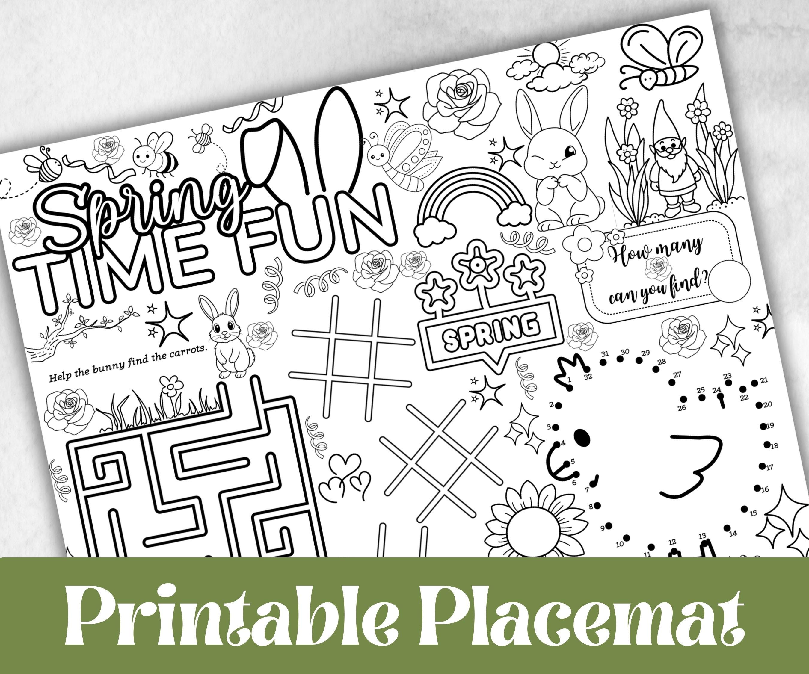 Spring coloring Placemats, Daycare Printable, kids activity sheets, spring sleepover party, spring Tea Party, Homeschool Easter Activity