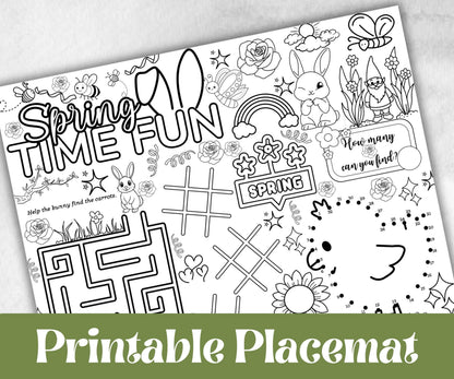 Spring coloring Placemats, Daycare Printable, kids activity sheets, spring sleepover party, spring Tea Party, Homeschool Easter Activity