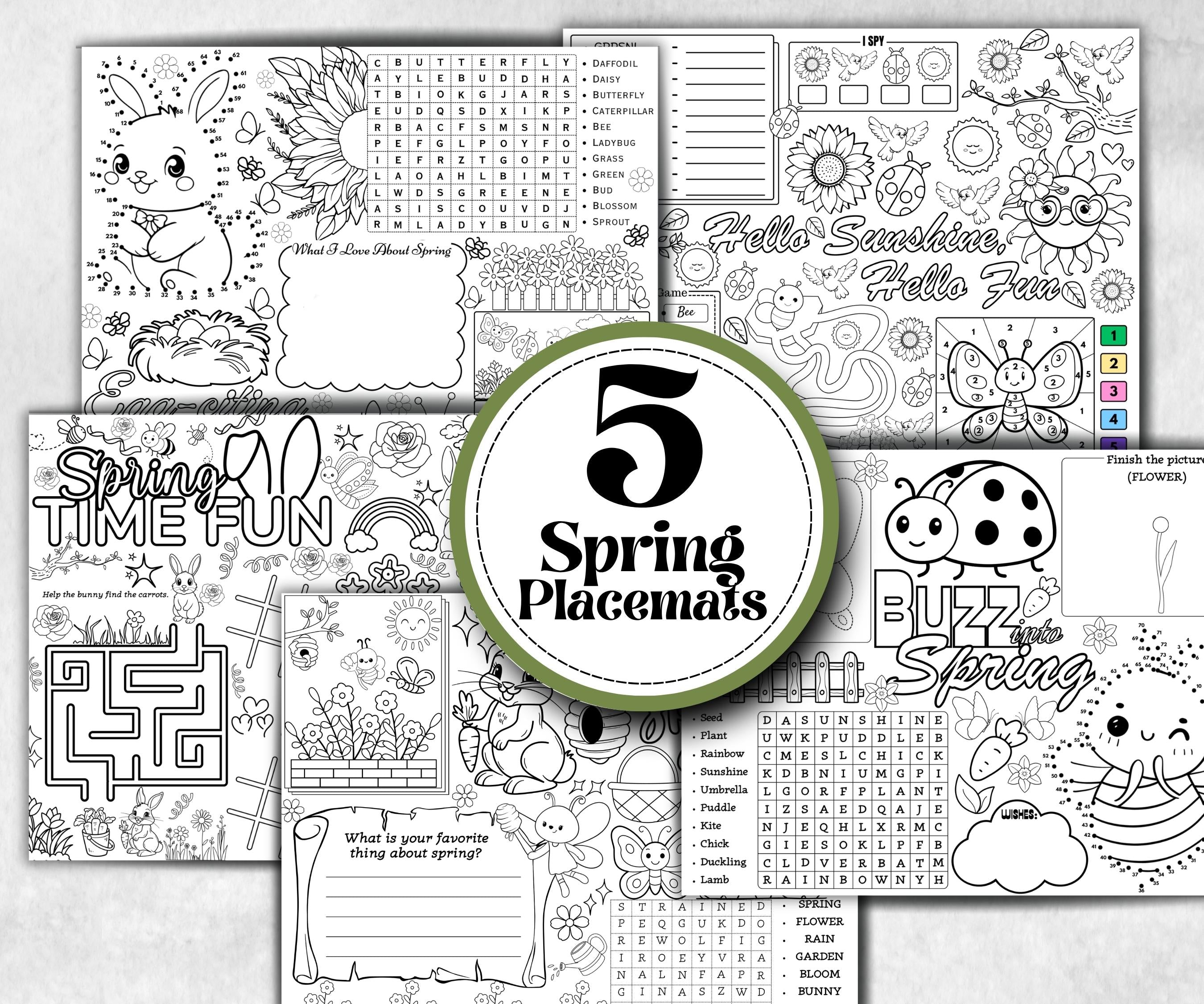 Spring coloring Placemats, Daycare Printable, kids activity sheets, spring sleepover party, spring Tea Party, Homeschool Easter Activity