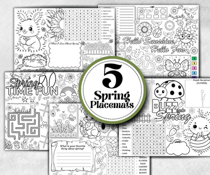 Spring coloring Placemats, Daycare Printable, kids activity sheets, spring sleepover party, spring Tea Party, Homeschool Easter Activity