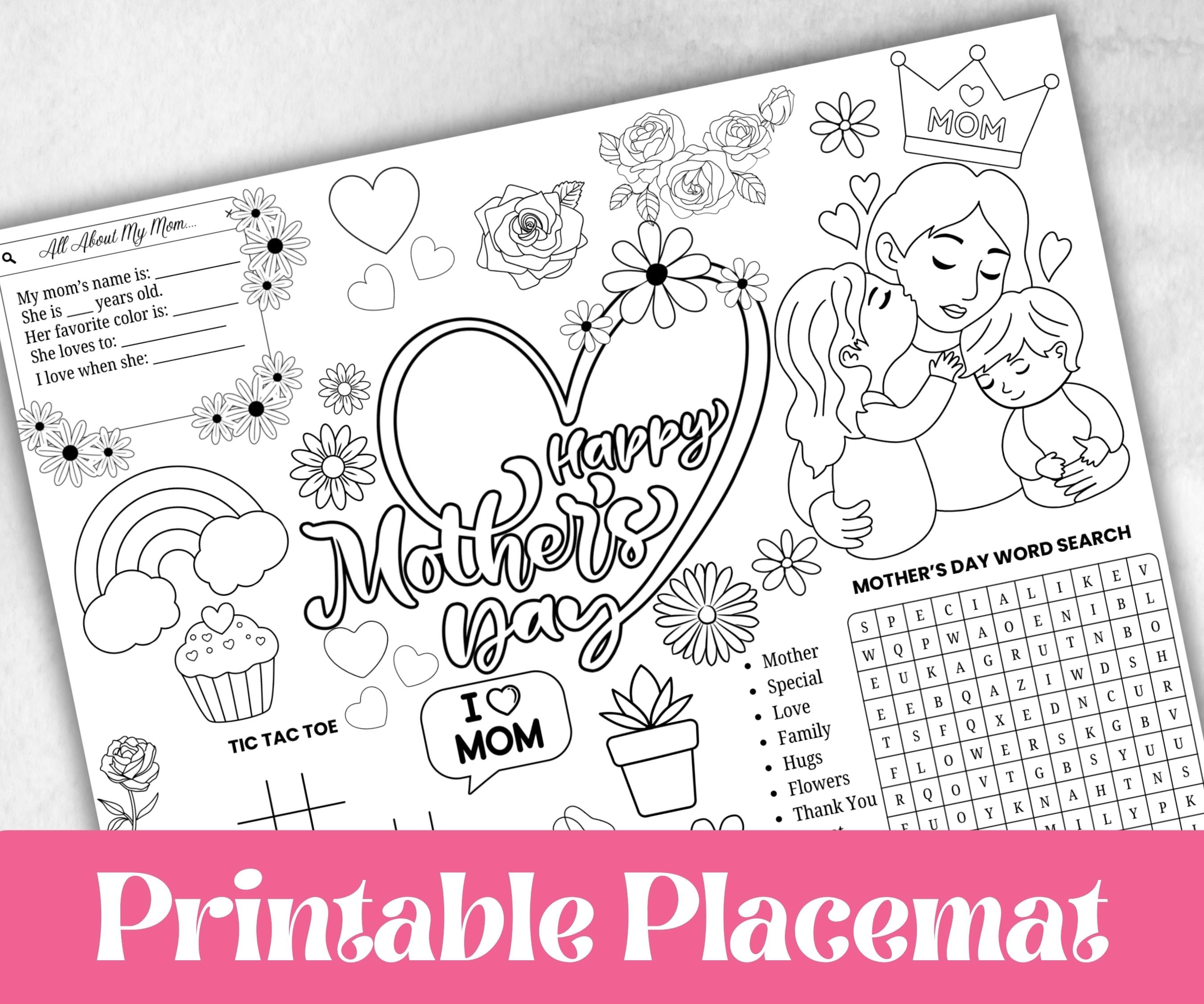 Mothers Day coloring Placemats, Daycare Printable, kids activity sheets, Mom Keepsake, Tea Party, Personalised Gift, Happy Mothers Day print