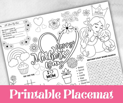 Mothers Day coloring Placemats, Daycare Printable, kids activity sheets, Mom Keepsake, Tea Party, Personalised Gift, Happy Mothers Day print