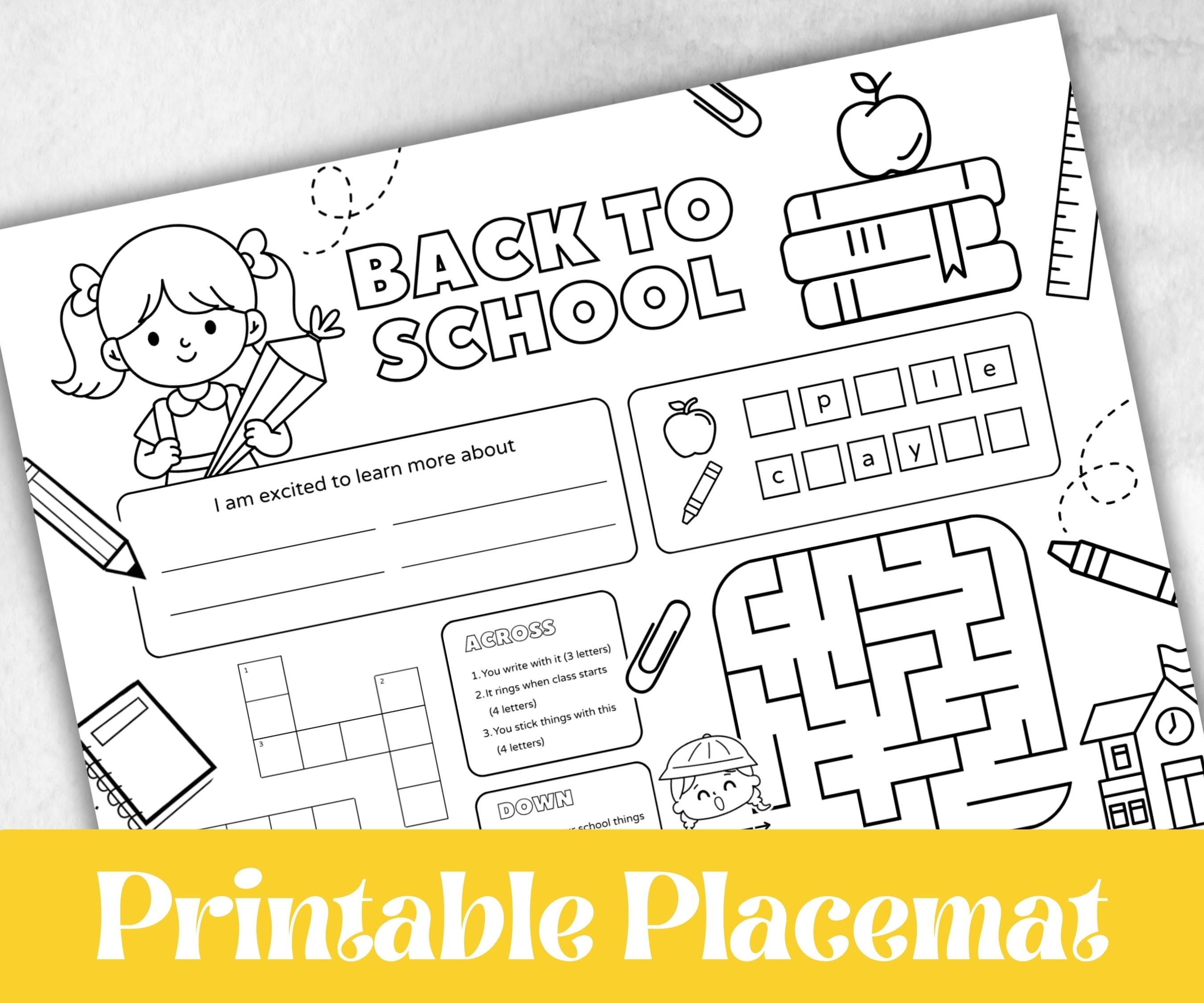 Back to School coloring Placemats, Daycare Printable, kids activity sheet, homeschool, educational Quiz, return to school, 1st day of school