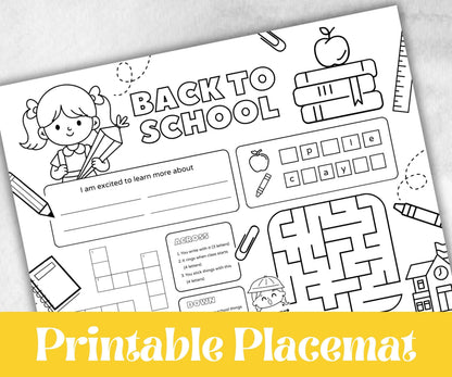 Back to School coloring Placemats, Daycare Printable, kids activity sheet, homeschool, educational Quiz, return to school, 1st day of school