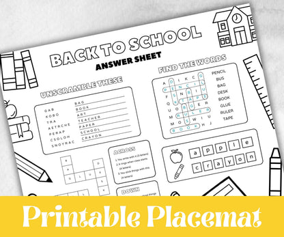 Back to School coloring Placemats, Daycare Printable, kids activity sheet, homeschool, educational Quiz, return to school, 1st day of school