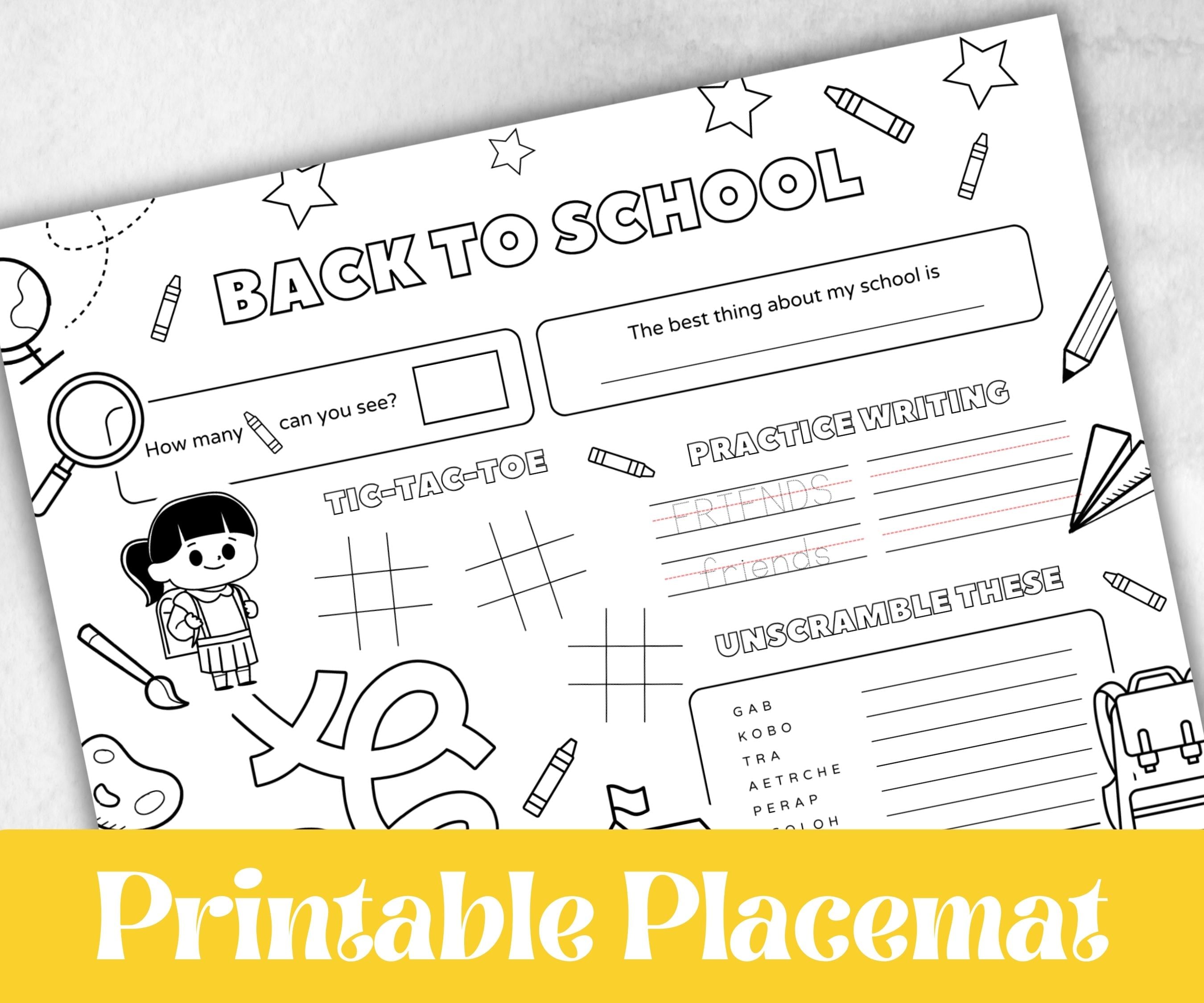 Back to School coloring Placemats, Daycare Printable, kids activity sheet, homeschool, educational Quiz, return to school, 1st day of school