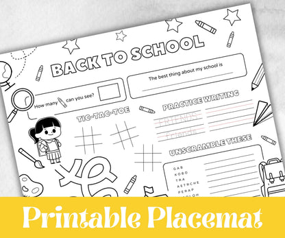 Back to School coloring Placemats, Daycare Printable, kids activity sheet, homeschool, educational Quiz, return to school, 1st day of school