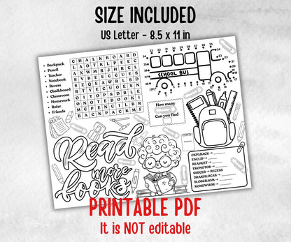 Back to School Placemats, Daycare coloring Printable, kids activity sheet, homeschool, educational Quiz, return to school, 1st day of school
